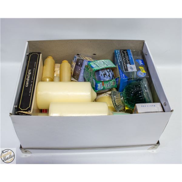 BOX OF VARIOUS UNUSED VINTAGE/OLD STOCK CANDLES +