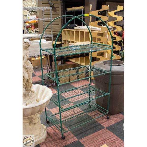 GREEN GARDEN STORAGE RACK ON CASTOR WHEELS