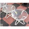 Image 1 : 2 SMALL WHITE GLASS TOP PATIO TABLES H-18" D-20"