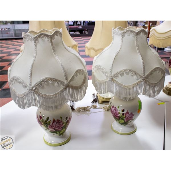 2 VINTAGE PORCELAIN ROSE LAMPS WITH NEW SHADES