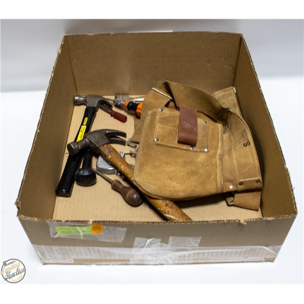 LEATHER TOOL BELT WITH VARIOUS TOOLS