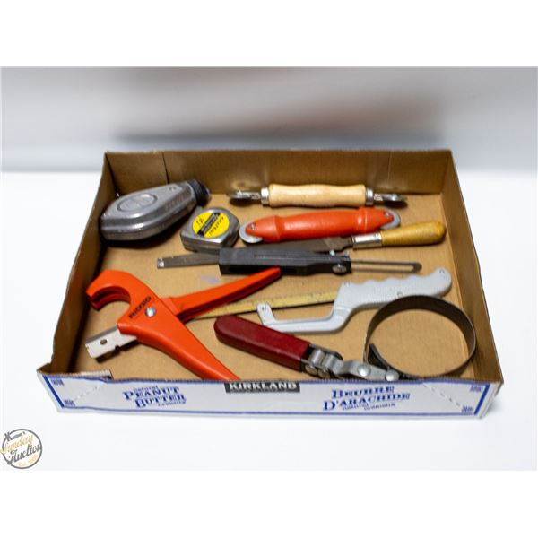 FLAT OF MISC TOOLS INCL CHALK LINE AND OIL