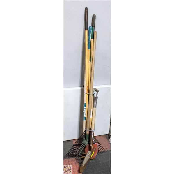 LOT OF GARDEN TOOLS, RAKES,SHOVEL ETC