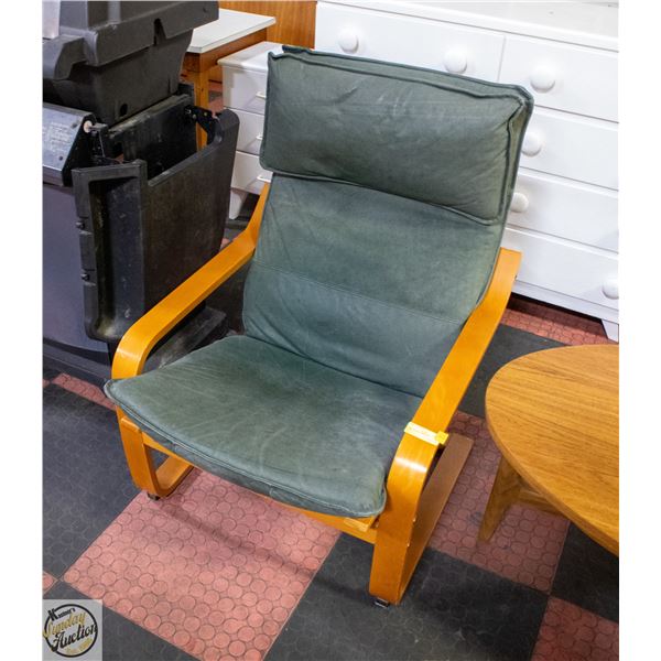 IKEA POANG ARMCHAIR WITH GREEN LEATHER 'CUSHION'