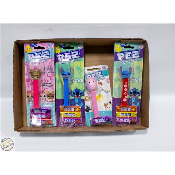 4 PEZ DISPENSERS STITCH, DISNEY, SQUISHMELLOW, LOL