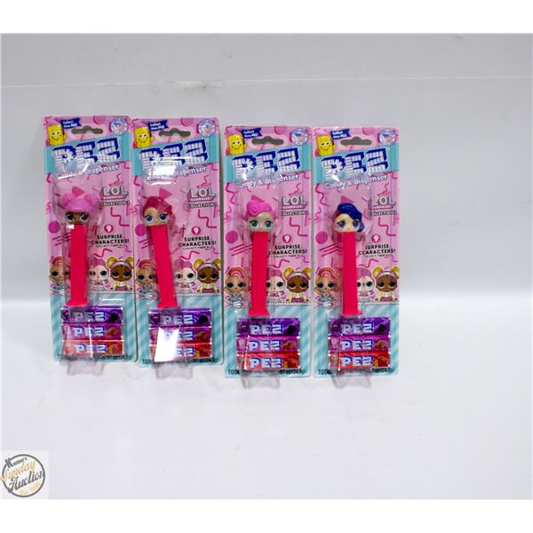 4 LOL PEZ DISPENSERS AND CANDY