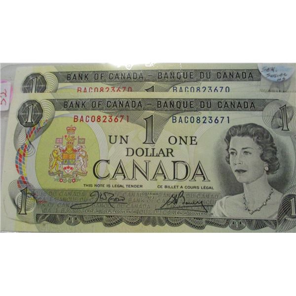1973 CRISP UNCIRCULATED BANK OF CANADA SEQUENTIAL SERIAL NUMBER LEGAL TENDER $1 BILLS