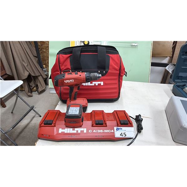 HILTI SF10W-A22 CORDLESS DRILL WITH 2 BATTERIES, HILTI C4/36-MC4 4-BAY BATTERY CHARGER & TOOL BAG