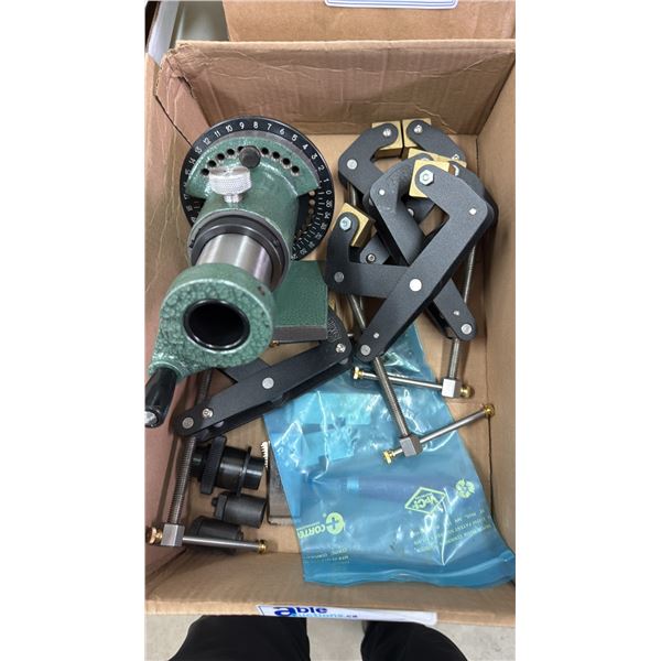 BOX OF ASSORTED SMW CLAMPS & TYPE PF70-5C SPIN INDEX