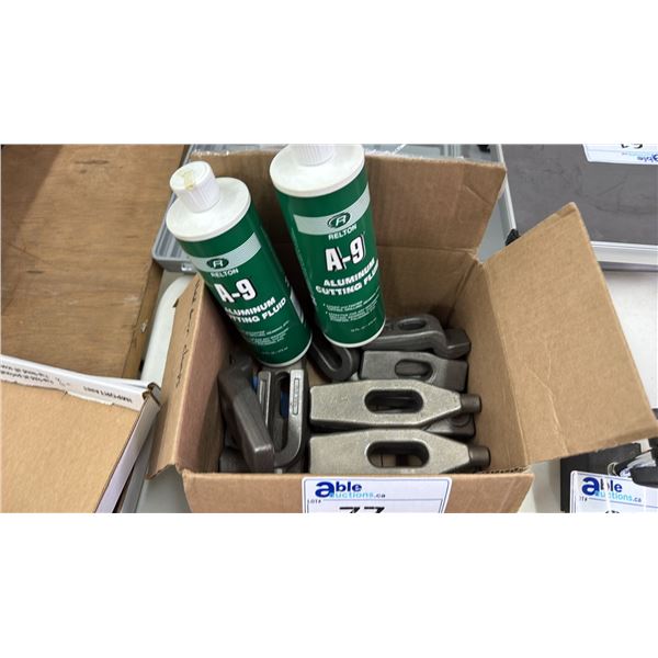 BOX OF ASSORTED PRECISION TOOL WEIGHTS & 2 BOTTLES OF RELTON A-9 ALUMINUM CUTTING FLUID