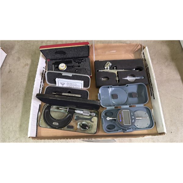 ASSORTED PRECISION TOOLS INCLUDING; NEOLECK DIGITAL MICROMETER, AIR BRUSH, STARRETT GAUGE & MORE