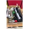Image 1 : BOX OF ASSORTED ITEMS INCLUDING; LEVEL, SANDING STRIPS, SURE SHOT MILWAUKEE SPRAYER & MORE