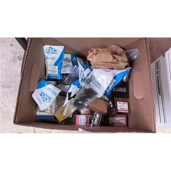 BOX OF ASSORTED ITEMS INCLUDING; HARDWARE, SEWING NEEDLES, MACHINE SCREWS & MORE