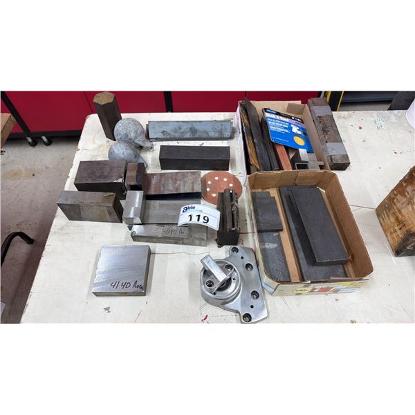 ASSORTED METAL ITEMS INCLUDING; WEIGHTS, WELDING RODS, STEEL PLATES & MORE