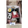 Image 1 : BOX OF ASSORTED ITEMS INCLUDING; HONEYWELL THERMOSTAT, 15 AMP CIRCUIT BREAKERS, TECHSPAN WIRE & MORE