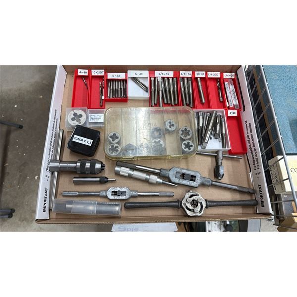 BOX OF ASSORTED TOOLS INCLUDING; TAP & DIE, DRILL T-BARS & MORE
