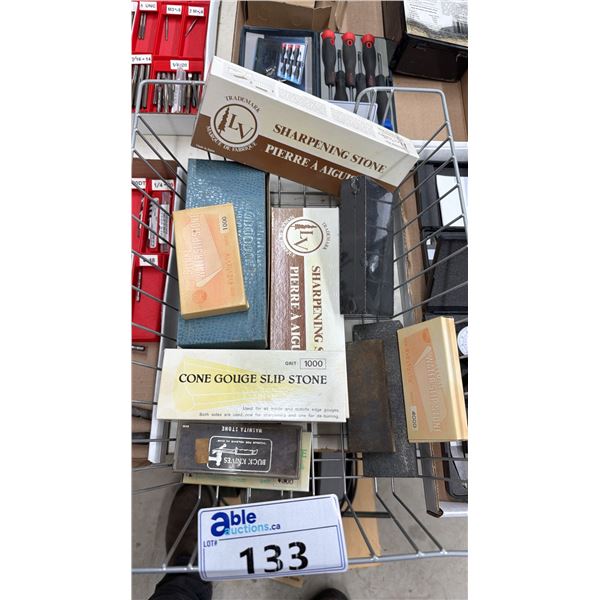 BIN OF ASSORTED SHARPENING STONES & SLIP STONES