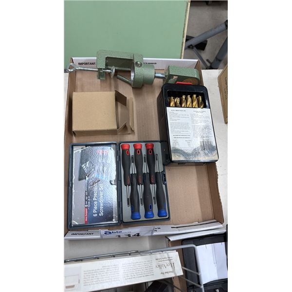 BOX OF ASSORTED TOOLS INCLUDING; 6-PC PRECISION SCREWDRIVER SET, 25-PC BRAD POINT SET & ASSORTED