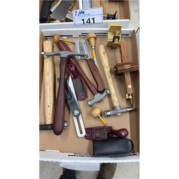 BOX OF ASSORTED TOOLS INCLUDING; HAMMERS, CHISELS, PLANES & MORE
