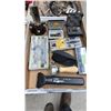 Image 1 : BOX OF ASSORTED TOOLS INCLUDING; LITTLE WIZARD II METAL DETECTOR, BOW COMPASS, VERITAS ANGLE & BEVEL