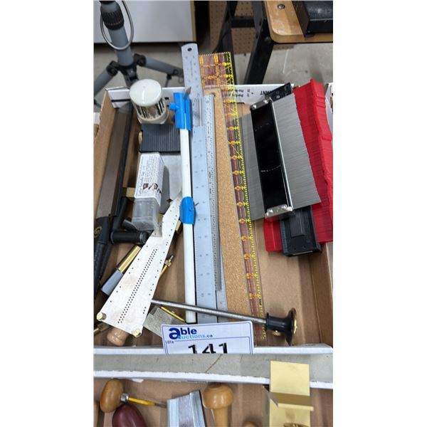 BOX OF ASSORTED TOOLS INCLUDING; RULERS, STRAIGHT EDGES, LATHE SPINDLE TAP, ROTARY TOOL BIT SET &