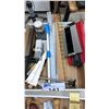 Image 1 : BOX OF ASSORTED TOOLS INCLUDING; RULERS, STRAIGHT EDGES, LATHE SPINDLE TAP, ROTARY TOOL BIT SET &