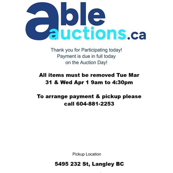 All items must be removed Tue Mar 31 & Wed Apr 1 9am to 4:30pm