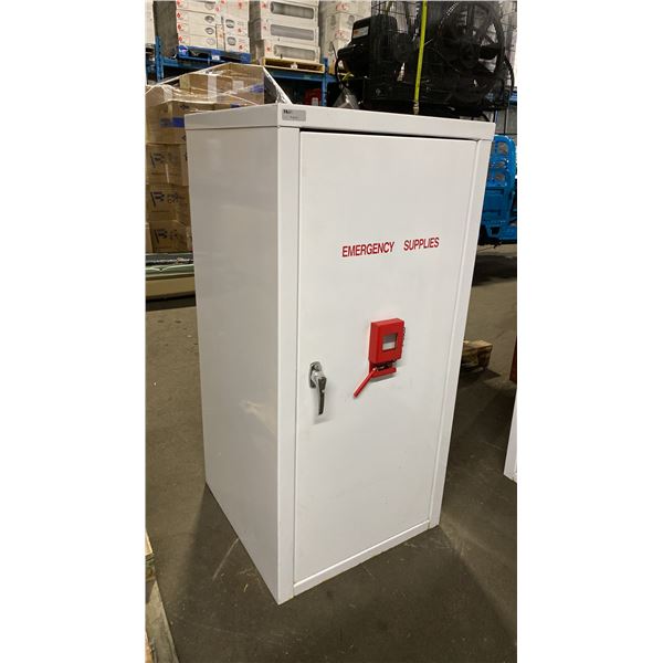 WHITE METAL SINGLE DOOR LOCKING EMERGENCY SUPPLIES CABINET WITH KEY APPROX 23"W X 23"D X 48"H