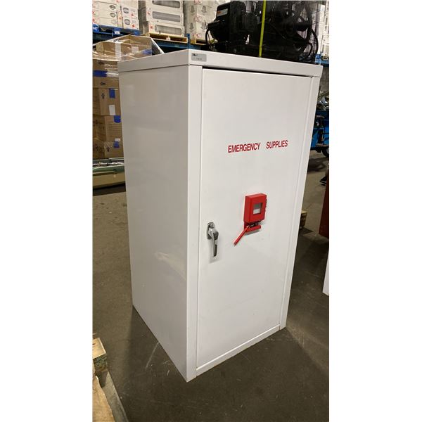 WHITE METAL SINGLE DOOR LOCKING EMERGENCY SUPPLIES CABINET WITH KEY APPROX 23"W X 23"D X 48"H