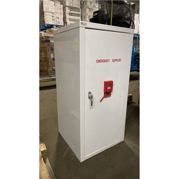 WHITE METAL SINGLE DOOR LOCKING EMERGENCY SUPPLIES CABINET WITH KEY APPROX 23"W X 23"D X 48"H