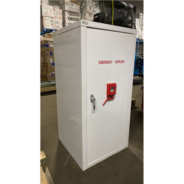 WHITE METAL SINGLE DOOR LOCKING EMERGENCY SUPPLIES CABINET WITH KEY APPROX 23"W X 23"D X 48"H