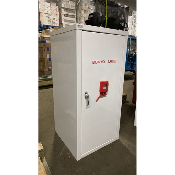 WHITE METAL SINGLE DOOR LOCKING EMERGENCY SUPPLIES CABINET WITH KEY APPROX 23"W X 23"D X 48"H