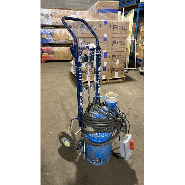 LARGE HEAVY DUTY INDUSTRIAL SUBMERSIBLE PUMP ON BLUE COMBO HAND TRUCK