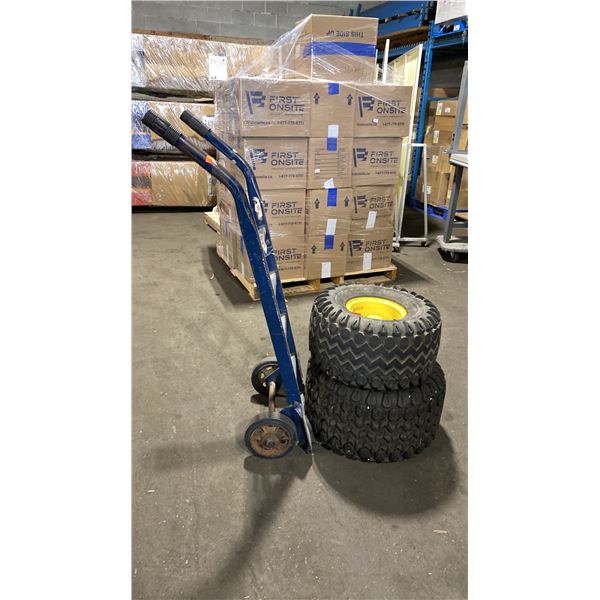 BLUE SOLID TIRE HAND TRUCK WITH 2 ASSORTED SIZE EQUIPMENT TIRES