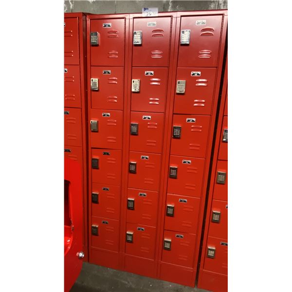 LOCK UP 3 BAY 18 DOOR RED LOCKERS WITH PROGRAMMABLE DIGITAL LOCKS & MASTER KEY