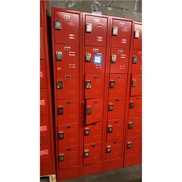 LOCK UP 3 BAY 18 DOOR RED LOCKERS WITH PROGRAMMABLE DIGITAL LOCKS & MASTER KEY