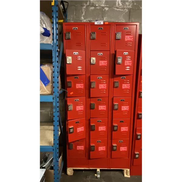 LOCK UP 3 BAY 18 DOOR RED LOCKERS WITH PROGRAMMABLE DIGITAL LOCKS & MASTER KEY
