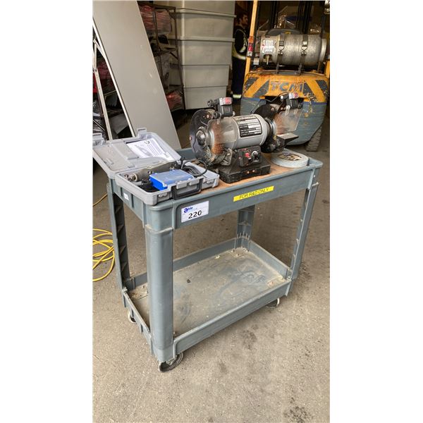 MAXIMUM 6" VARIABLE SPEED BENCH GRINDER ON PLASTIC 2 TIER MOBILE CART & DREMEL 3000 IN HARD