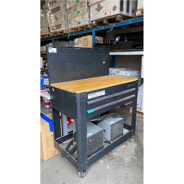 HUSKY BLACK METAL 3 DRAWER MOBILE WORK STATION WITH NATURAL WOOD TOP APPROX 45"L X 24"D X 43"/61"H