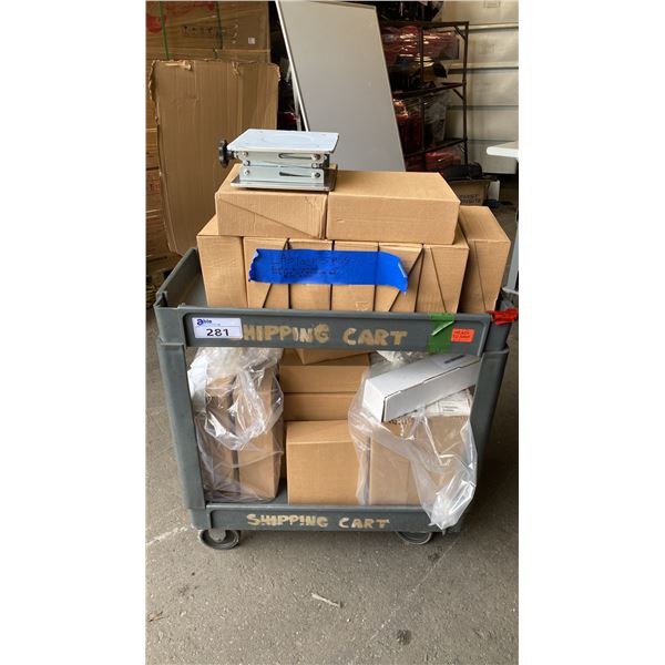 2 TIER GREY PLASTIC UTILITY CART WITH ASSORTED LAB JACKS & MICRON FILTER CARTRIDGES