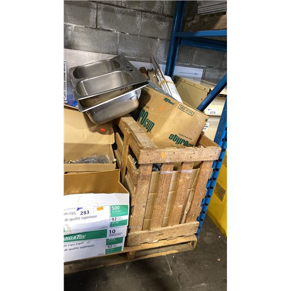 PALLET OF ASSORTED STAINLESS STEEL SINKS, TRANSITION STRIPS, GALVANIZED PULLEYS & INDUSTRIAL