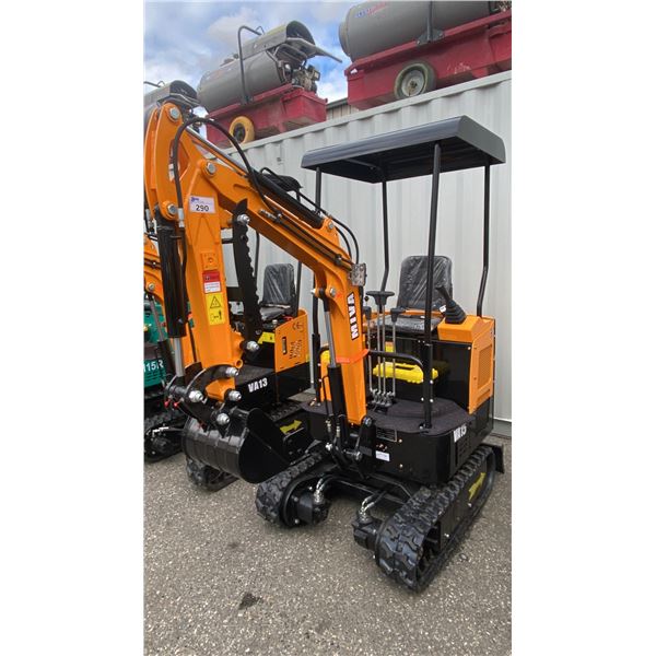 MIVA VA15 YELLOW 13.5 HP GAS POWERED RUBBER TRACK MINI EXCAVATOR WITH ATTACHED DIGGING BUCKET,