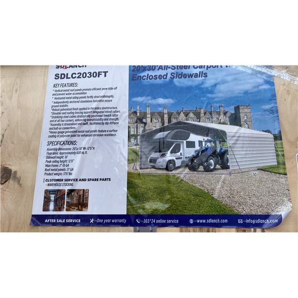 SDLANCH SDLC2030FT 20' X 30' ALL STEEL CARPORT WITH ENCLOSED SIDEWALLS IN WOODEN CRATE