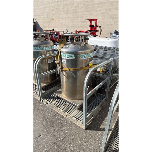LARGE STAINLESS STEEL MOBILE LABORATORY OXYGEN TANK ON GALVANIZED MAN LIFT PLATFORM