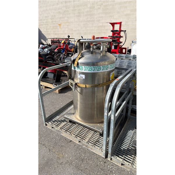 LARGE STAINLESS STEEL MOBILE LABORATORY OXYGEN TANK ON GALVANIZED MAN LIFT PLATFORM