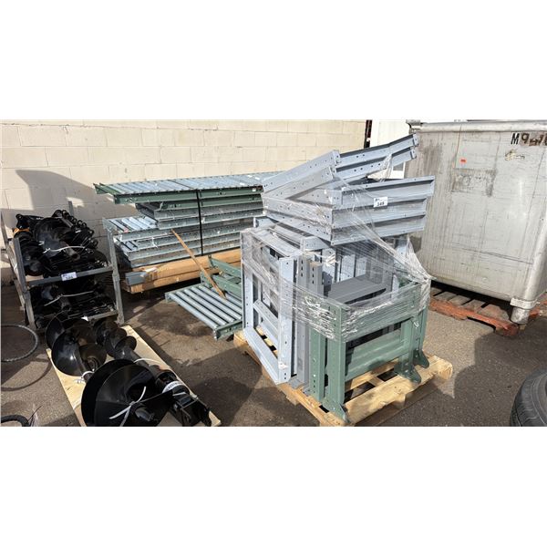 3 PALLETS OF ASSORTED SIZED INDUSTRIAL ROLLER CONVEYOR SECTIONS, LEGS & CABLE CHANNEL