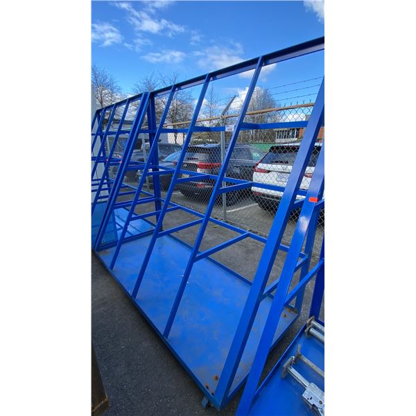 BLUE MOBILE ANGLED INDUSTRIAL MATERIAL RACK APPROX 7'L X 3'D X 6' 7"H