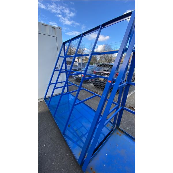 BLUE MOBILE ANGLED INDUSTRIAL MATERIAL RACK APPROX 7'L X 3'D X 6' 7"H