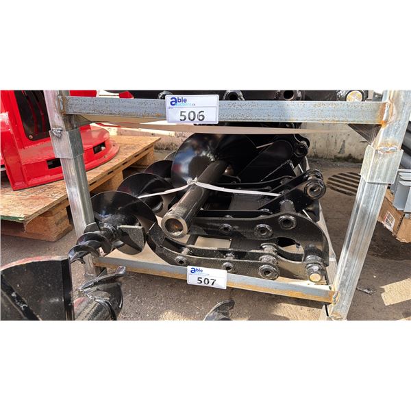 9 PC MINI EXCAVATOR ATTACHMENT SET- 2 BUCKETS, RIPPER, QUICK COUPLER, RAKE, GRAB CLAW, AUGER &