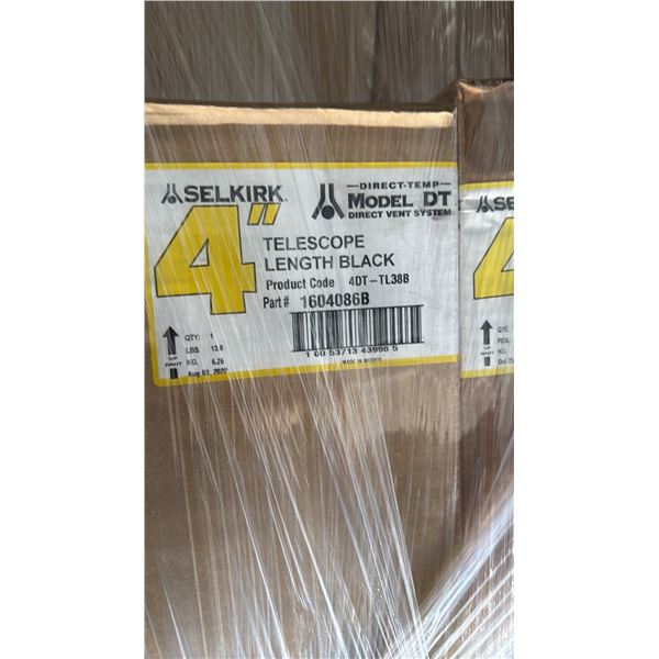 PALLET OF ASSORTED COMMERCIAL 4" SELKIRK 4DT-TL38B FIREPLACE TELESCOPIC PIPE SECTIONS